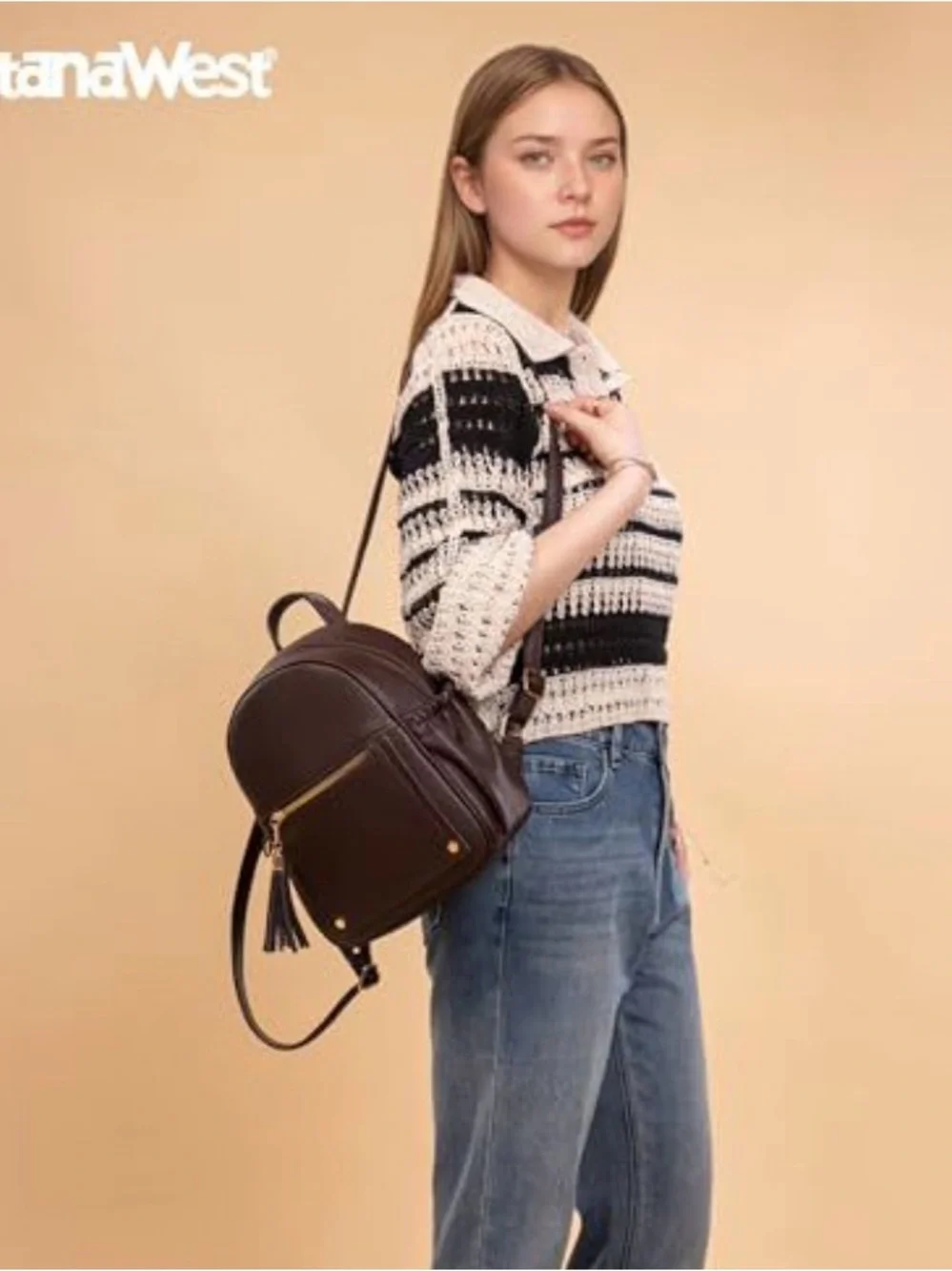 Montana West Brown Faux Leather Backpack with Tassel Accent